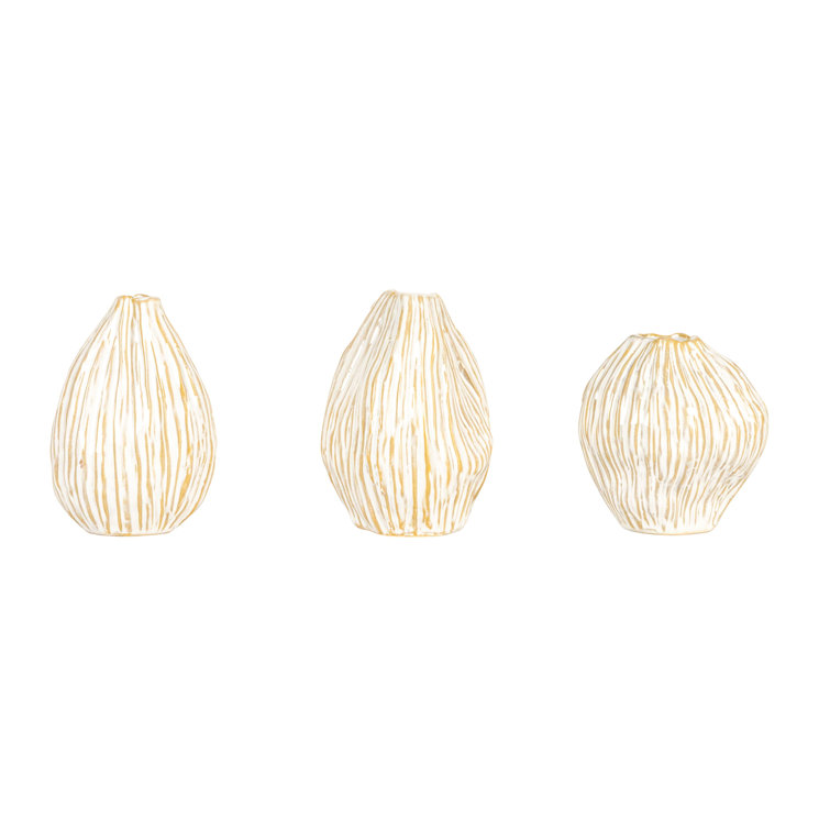 Whispering White and Beige Ceramic Pleated Vase Trio