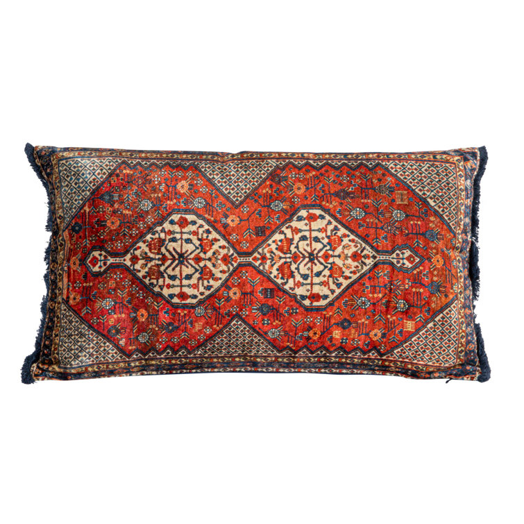 Vintage Multicolor Velvet Rectangular Lumbar Pillow with Fringe