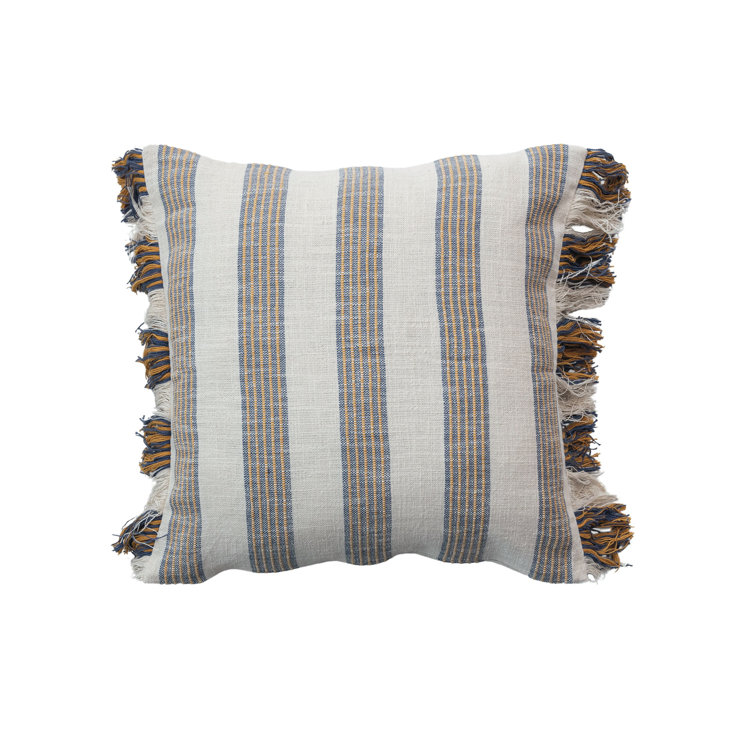 Gray and Yellow Striped Cotton Square Throw Pillow with Fringe