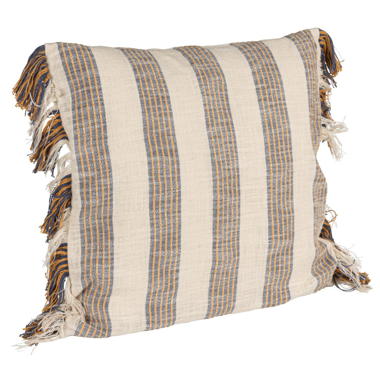 Gray and Yellow Striped Cotton Square Throw Pillow with Fringe