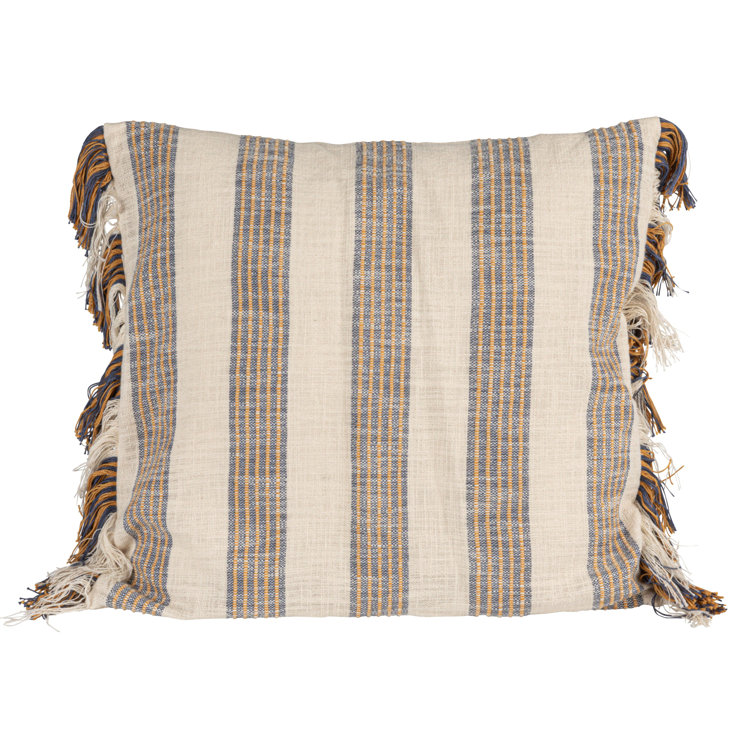 Gray and Yellow Striped Cotton Square Throw Pillow with Fringe