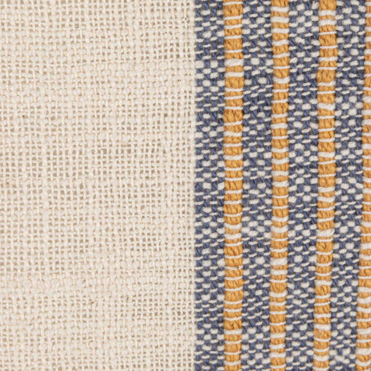 Gray and Yellow Striped Cotton Square Throw Pillow with Fringe