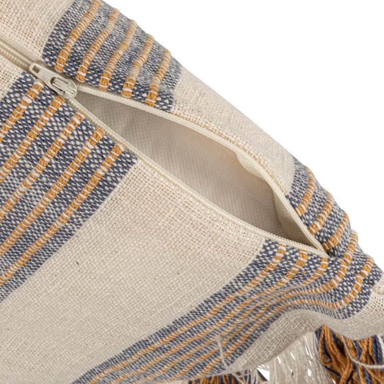Gray and Yellow Striped Cotton Square Throw Pillow with Fringe