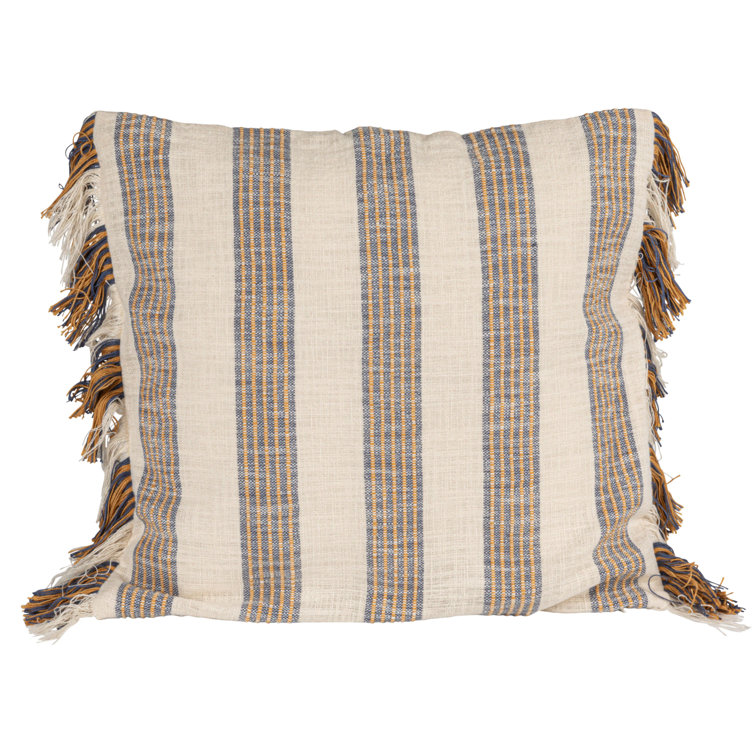 Gray and Yellow Striped Cotton Square Throw Pillow with Fringe