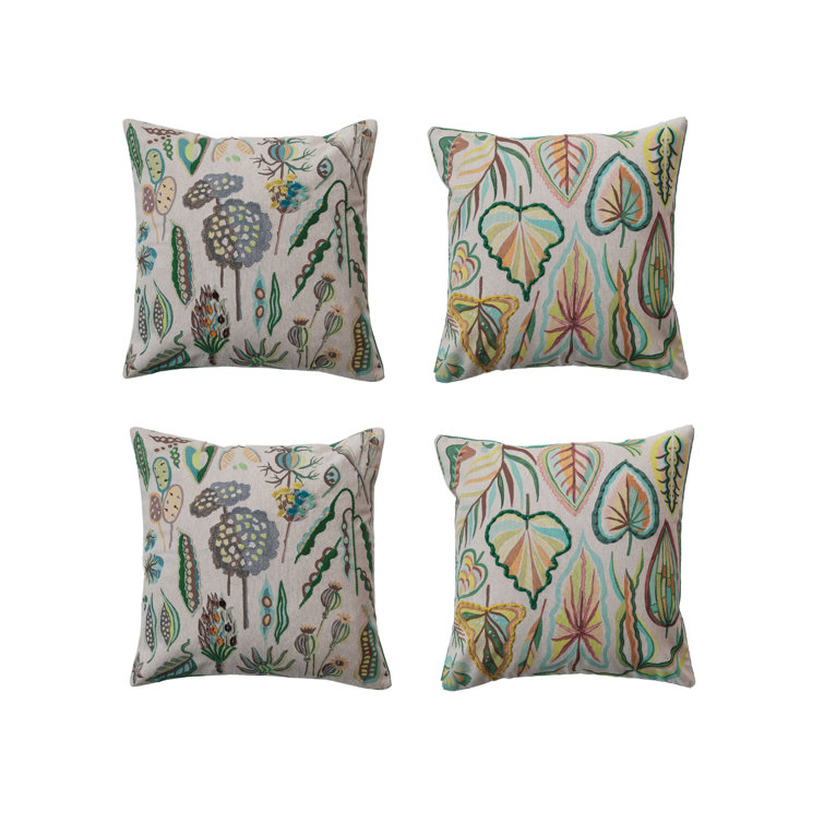 Botanical Embroidered Cotton Square Throw Pillow Set