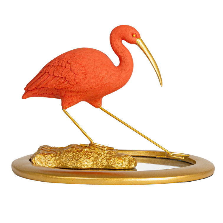 Scarlet Ibis Figurine on Gold Mirrored Tray