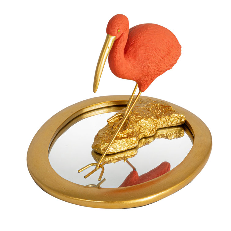 Scarlet Ibis Figurine on Gold Mirrored Tray