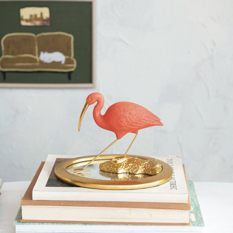 Scarlet Ibis Figurine on Gold Mirrored Tray