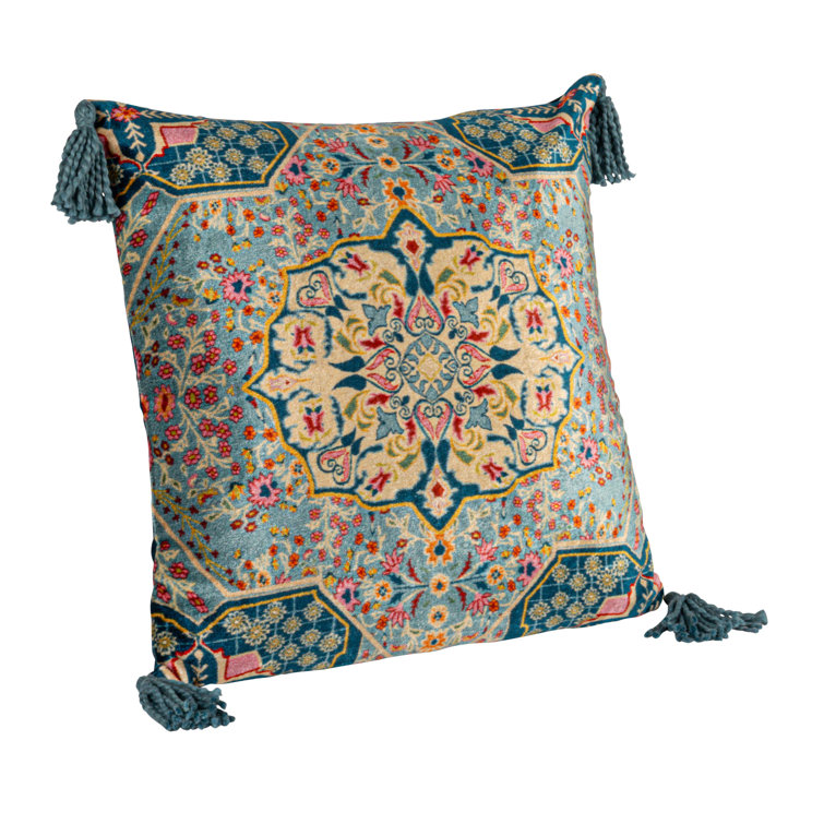 Multicolor Bohemian Rayon Square Throw Pillow with Tassels