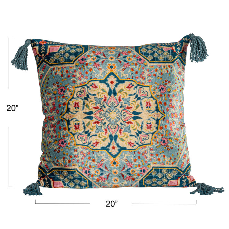 Multicolor Bohemian Rayon Square Throw Pillow with Tassels