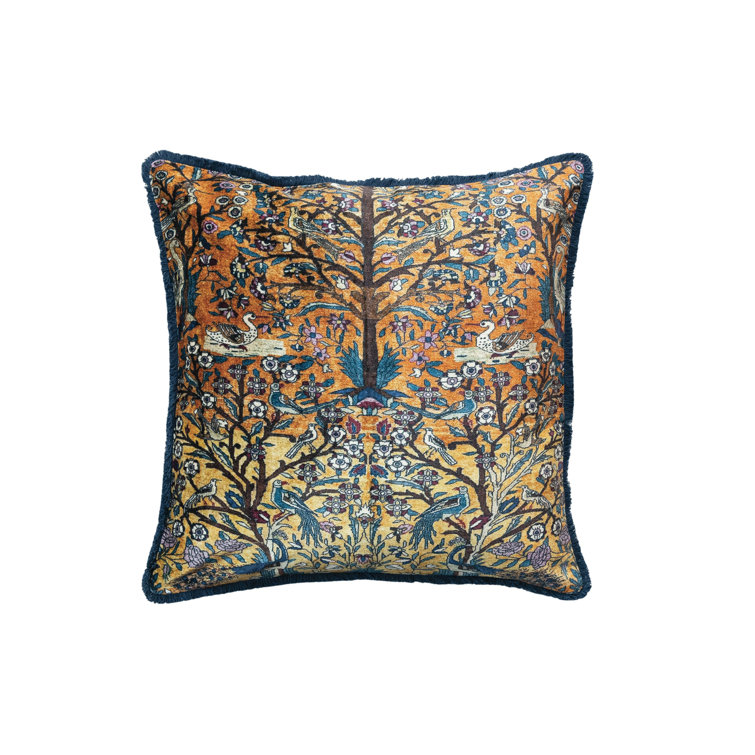 Vintage Multicolor Velvet Square Throw Pillow with Fringe