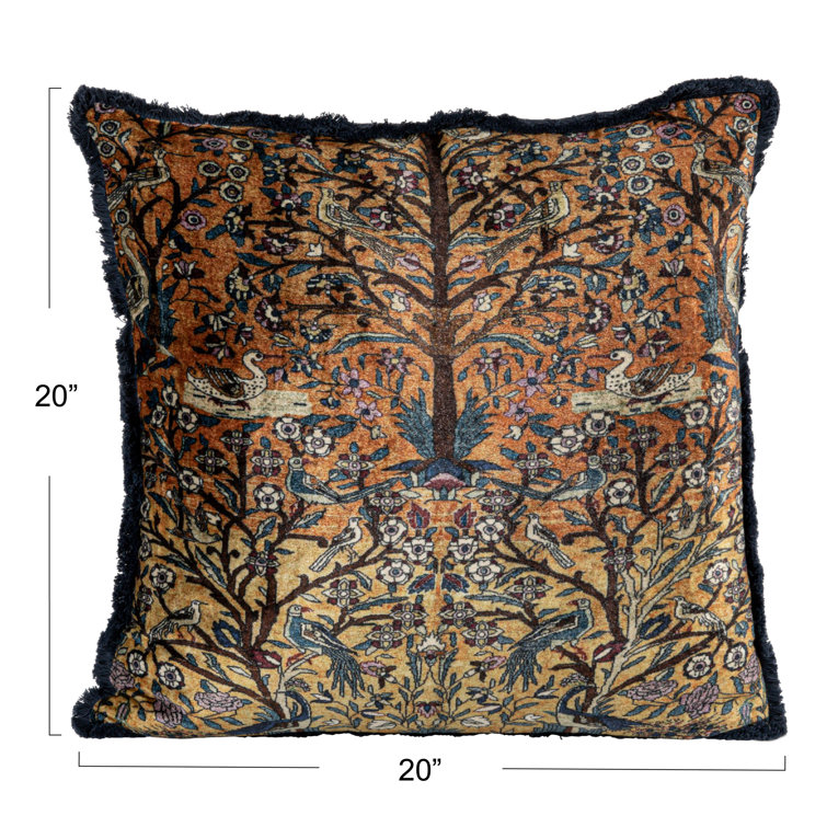 Vintage Multicolor Velvet Square Throw Pillow with Fringe