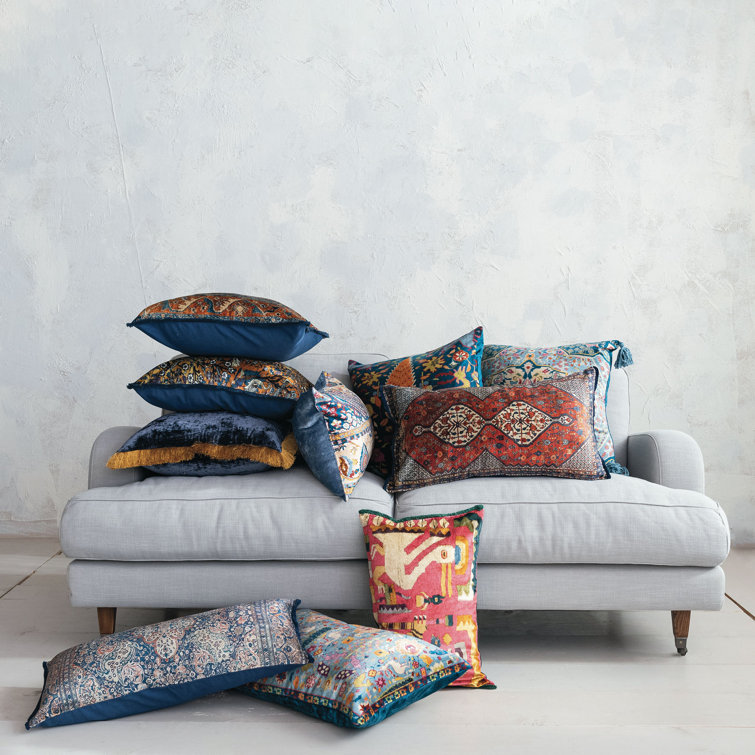 Vintage Multicolor Velvet Square Throw Pillow with Fringe