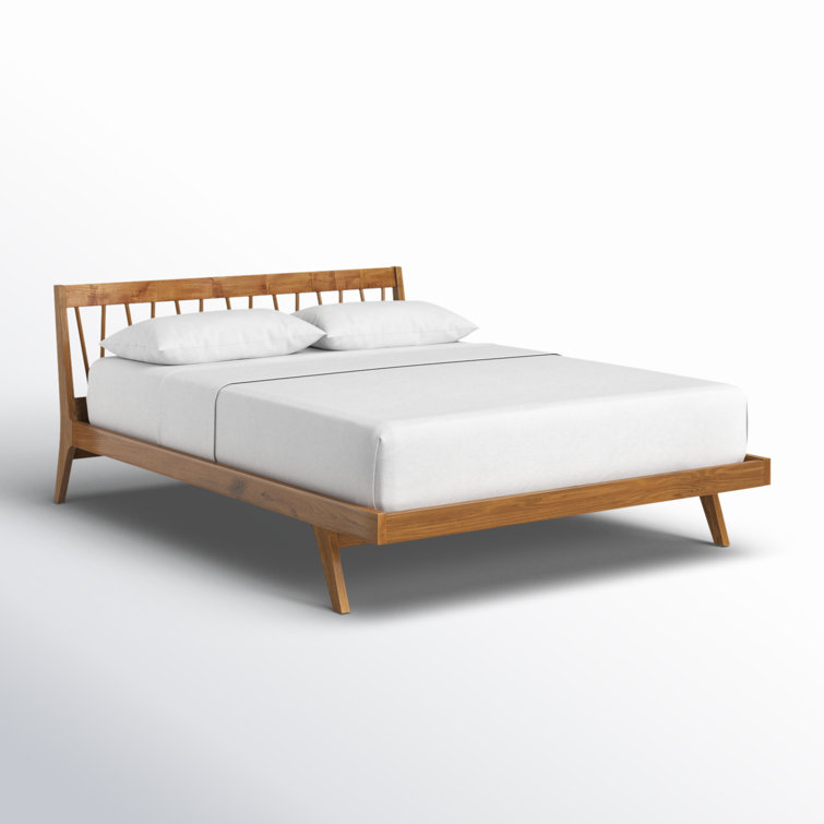 Queen Teak Wood Mid-Century Modern Platform Bed with Slats