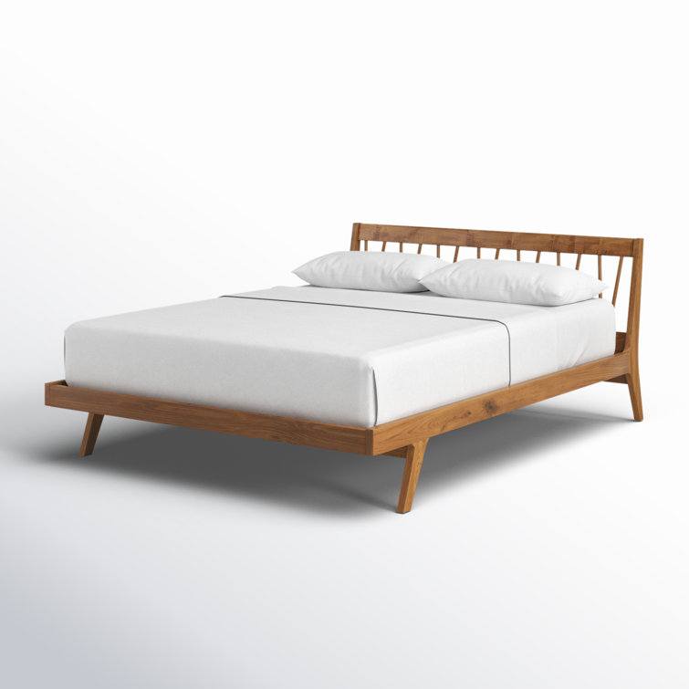 Queen Teak Wood Mid-Century Modern Platform Bed with Slats