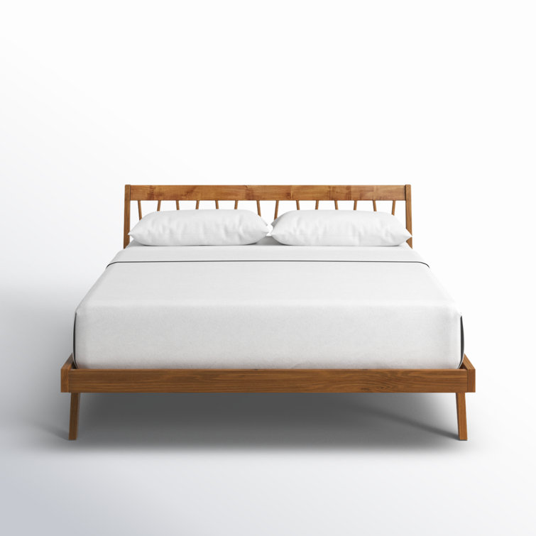 Queen Teak Wood Mid-Century Modern Platform Bed with Slats