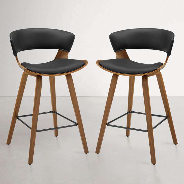 Mid-Century Modern Brown Wood and Black Faux Leather Counter Stools, Set of 2