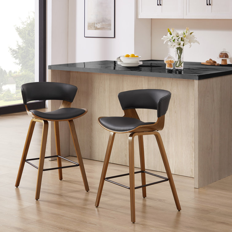 Mid-Century Modern Brown Wood and Black Faux Leather Counter Stools, Set of 2