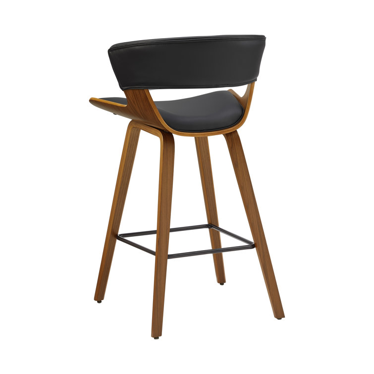 Mid-Century Modern Brown Wood and Black Faux Leather Counter Stools, Set of 2