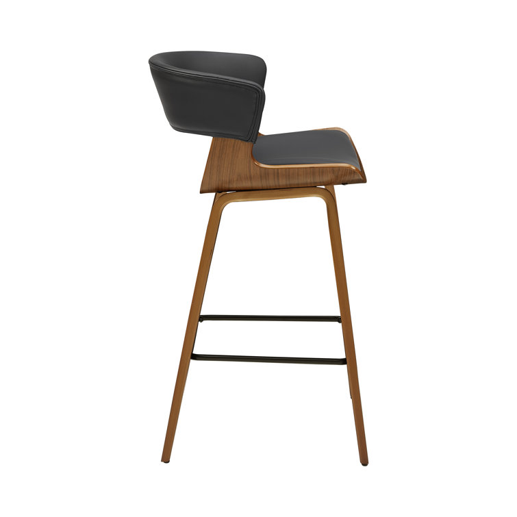 Mid-Century Modern Brown Wood and Black Faux Leather Counter Stools, Set of 2