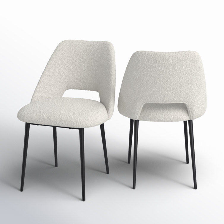 White Boucle Upholstered Side Chair with Metal Legs, Set of 2