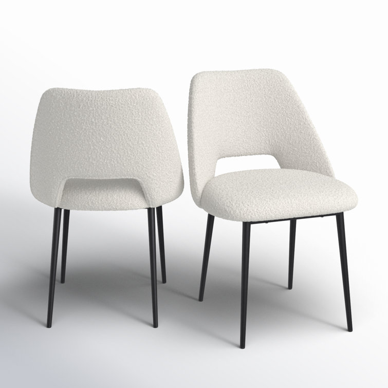 White Boucle Upholstered Side Chair with Metal Legs, Set of 2