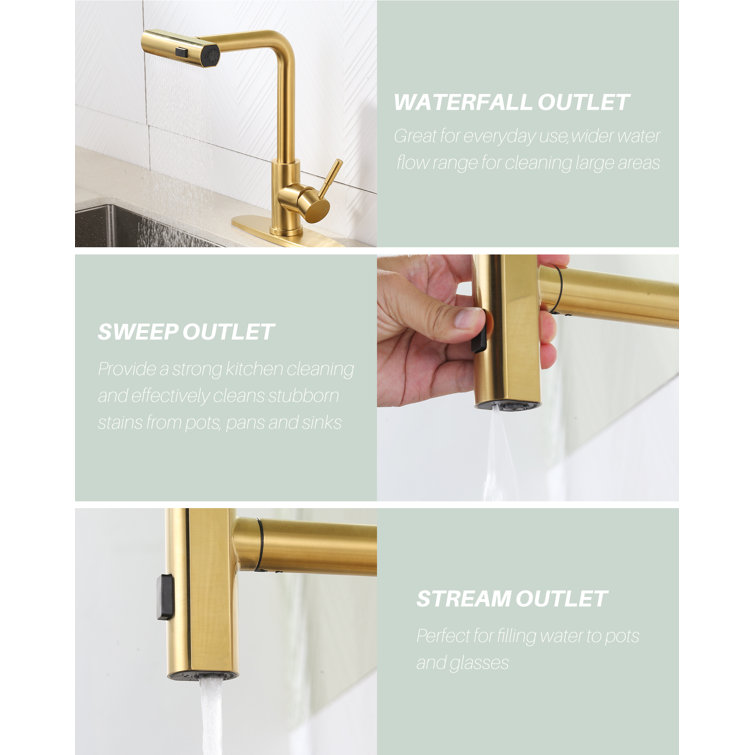 Brushed Gold Stainless Steel Pull Down Kitchen Faucet with Spray