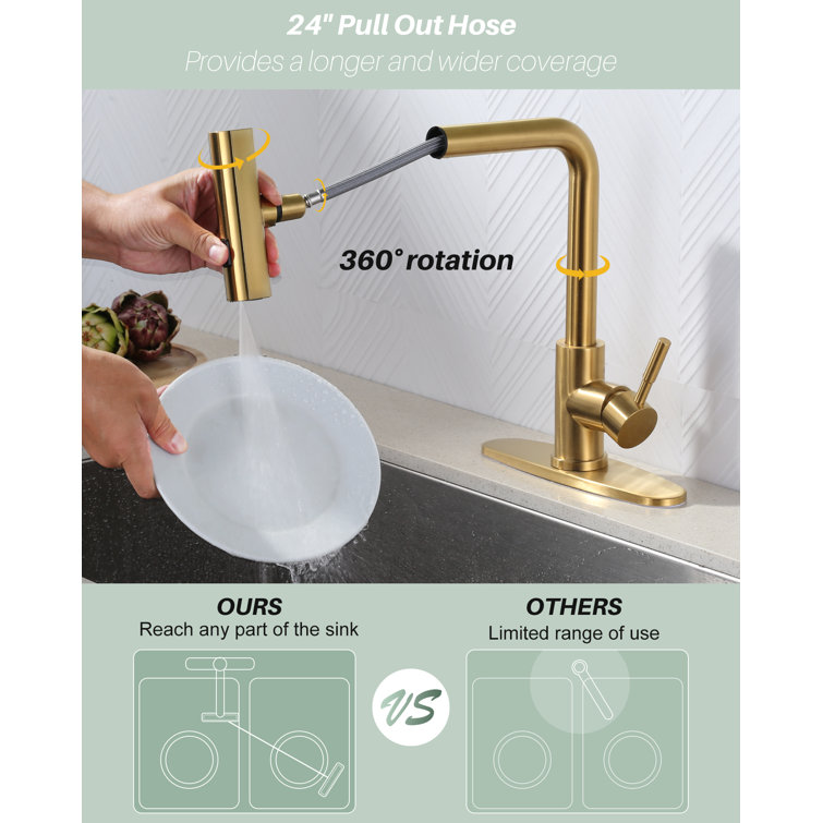 Brushed Gold Stainless Steel Pull Down Kitchen Faucet with Spray