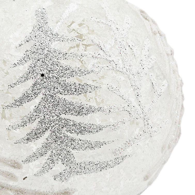 Set of 6 White and Silver Glass Tree Pattern Ornaments