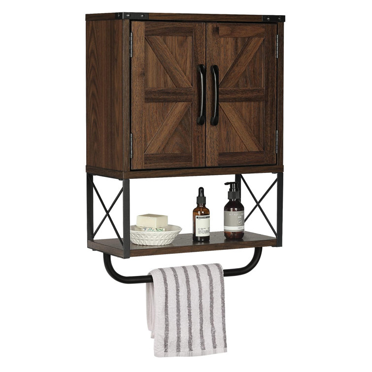Dark Walnut Rustic Farmhouse Medicine Cabinet with Adjustable Shelf and Towel Bar