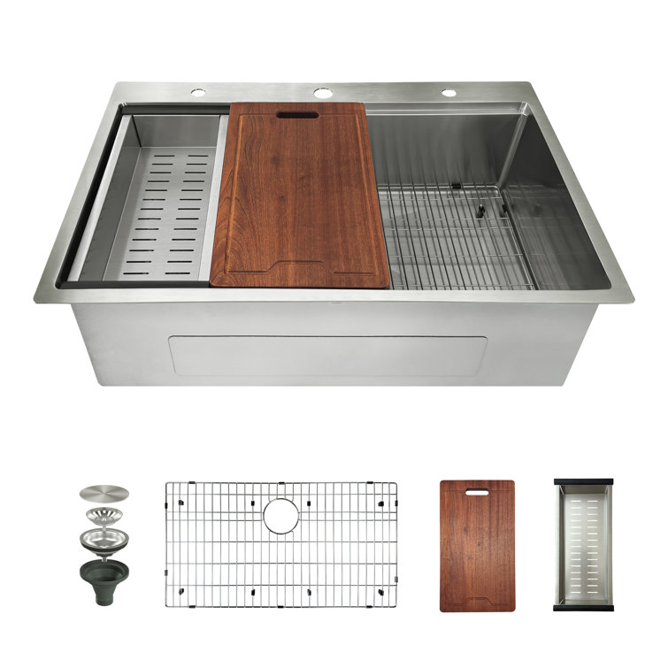 33'' Brushed Stainless Steel Single Bowl Drop-In Workstation Sink