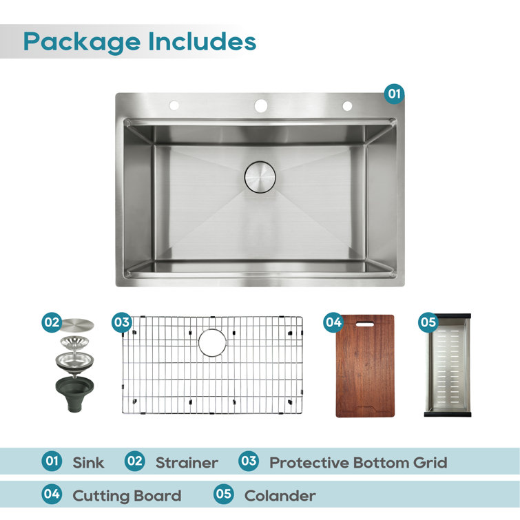 33'' Brushed Stainless Steel Single Bowl Drop-In Workstation Sink