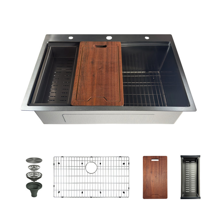 33" Gunmetal Black Stainless Steel Single Bowl Drop-In Workstation Sink