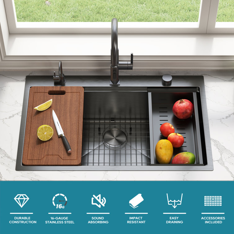 33" Gunmetal Black Stainless Steel Single Bowl Drop-In Workstation Sink