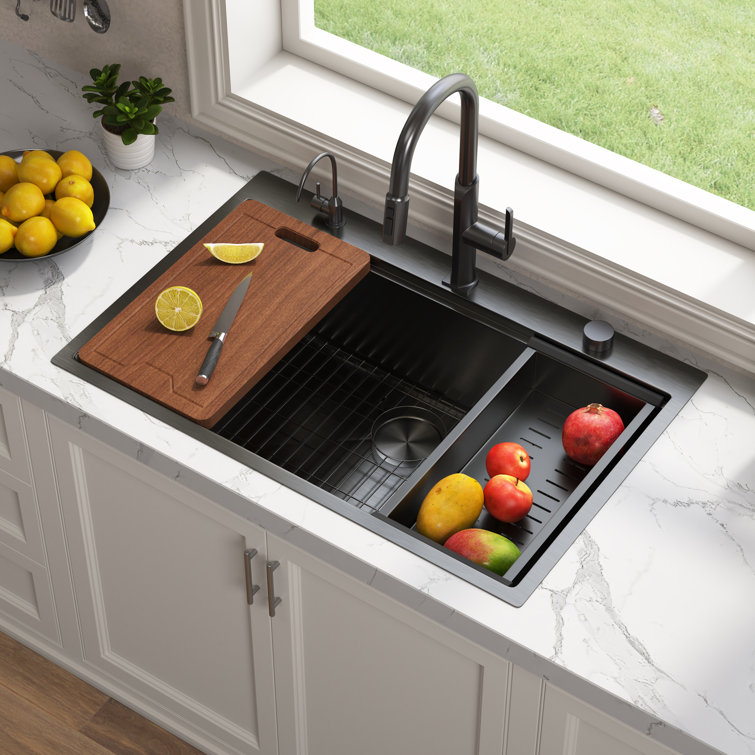 33" Gunmetal Black Stainless Steel Single Bowl Drop-In Workstation Sink
