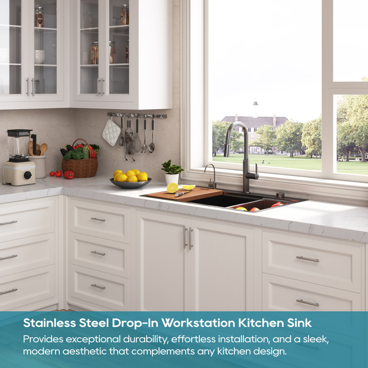 33" Gunmetal Black Stainless Steel Single Bowl Drop-In Workstation Sink