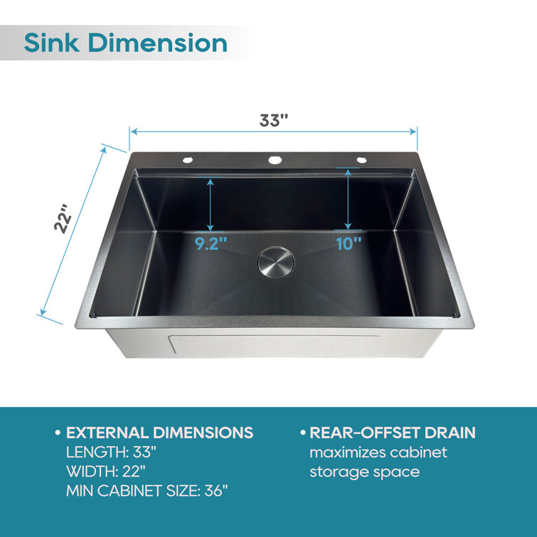 33" Gunmetal Black Stainless Steel Single Bowl Drop-In Workstation Sink