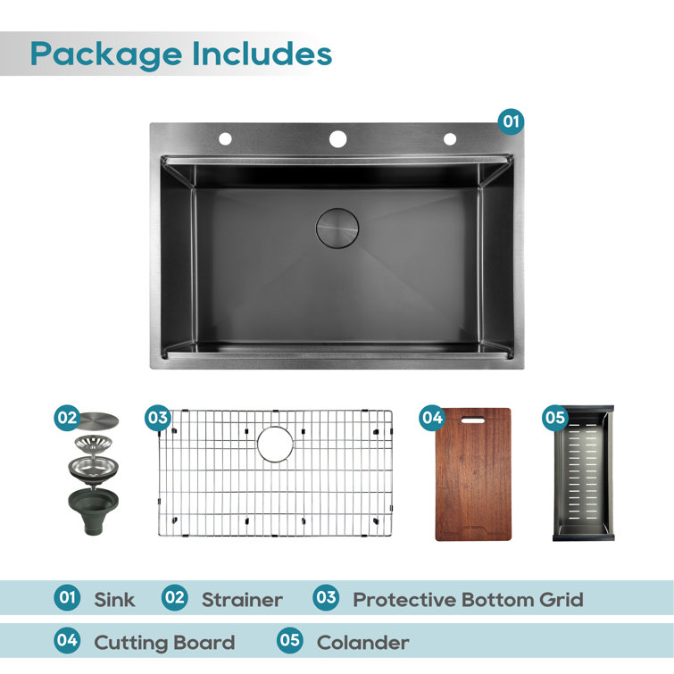 33" Gunmetal Black Stainless Steel Single Bowl Drop-In Workstation Sink