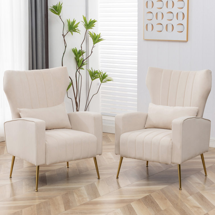 Beige Velvet Barrel Accent Chairs with Pillows, Set of 2