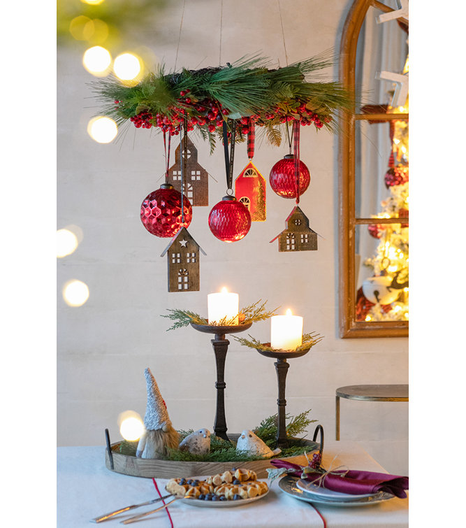 Red Iron and Jute Christmas House Hanging Set of 12