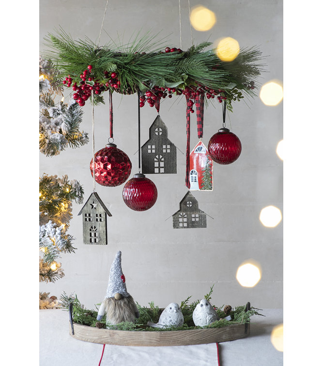 Red Iron and Jute Christmas House Hanging Set of 12