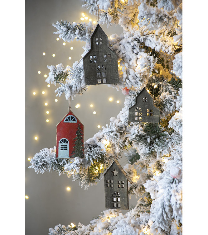 Red Iron and Jute Christmas House Hanging Set of 12