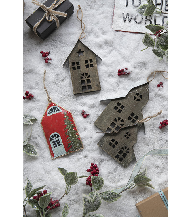 Red Iron and Jute Christmas House Hanging Set of 12