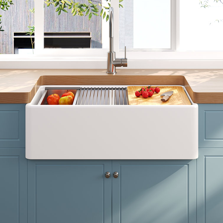Crisp White Ceramic Double Bowl Farmhouse Kitchen Sink with Accessories