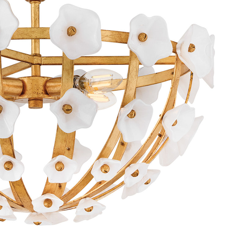 Distressed Brass and White Glass Floral LED Semi-Flush Mount