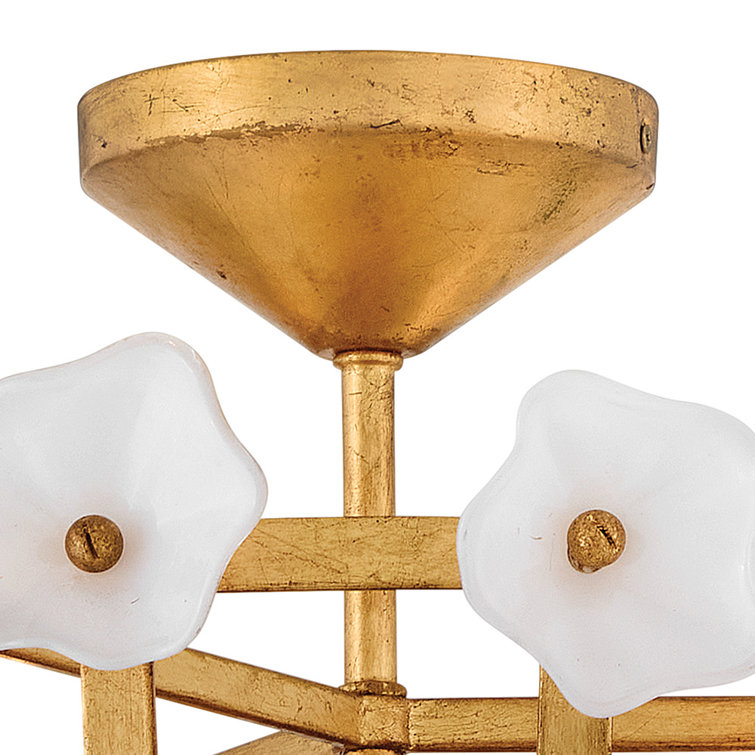 Distressed Brass and White Glass Floral LED Semi-Flush Mount