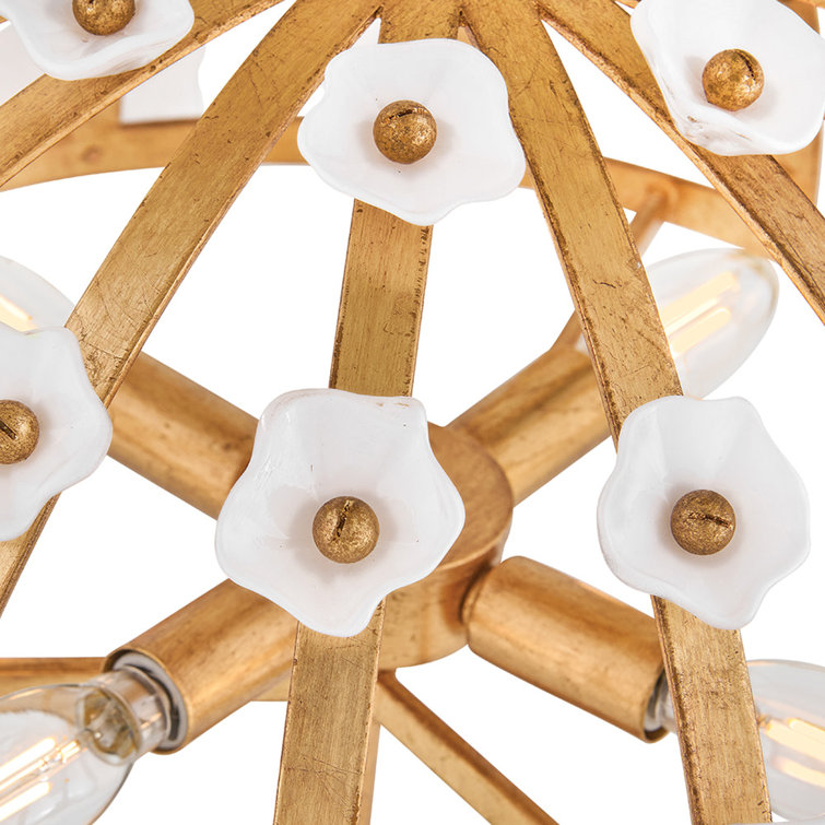 Distressed Brass and White Glass Floral LED Semi-Flush Mount