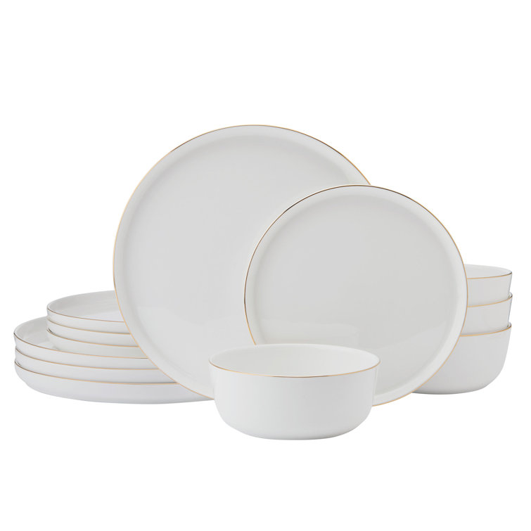 Elegant White Porcelain Dinnerware Set with Gold Accents, Service for 4