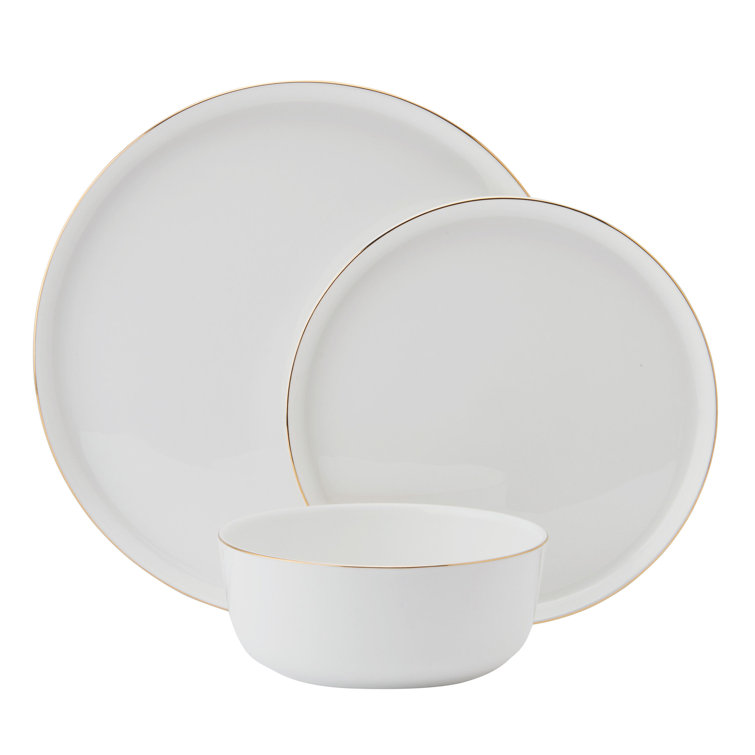 Elegant White Porcelain Dinnerware Set with Gold Accents, Service for 4