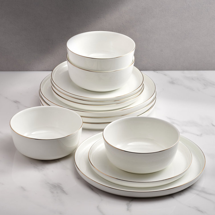 Elegant White Porcelain Dinnerware Set with Gold Accents, Service for 4